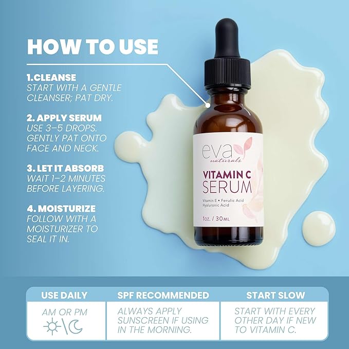Eva Naturals Vitamin C Serum for Face - 20% Vit C with Hyaluronic Acid, Ferulic Acid & Vitamin E - Facial Serum for Dark Spots, Acne, Anti Aging, Glow & Even Skin Tone, 1 oz