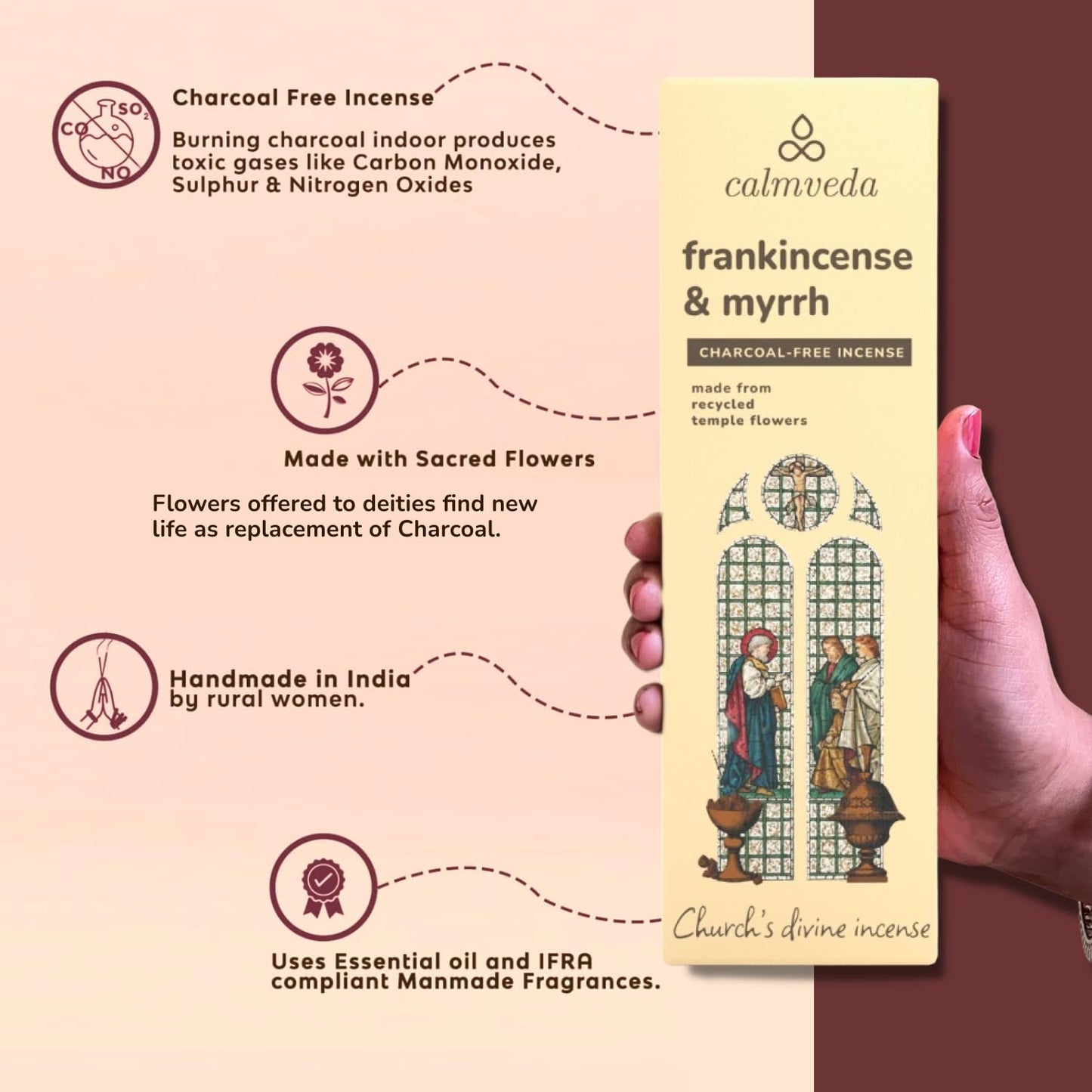 Church Frankincense and Myrrh Incense - (80 Sticks) Charcoal Free Incense, Made from upcycled Flowers | Used as Spiritual Healing Incense in Church (Handmade Olibanum Incense) - Glowelle