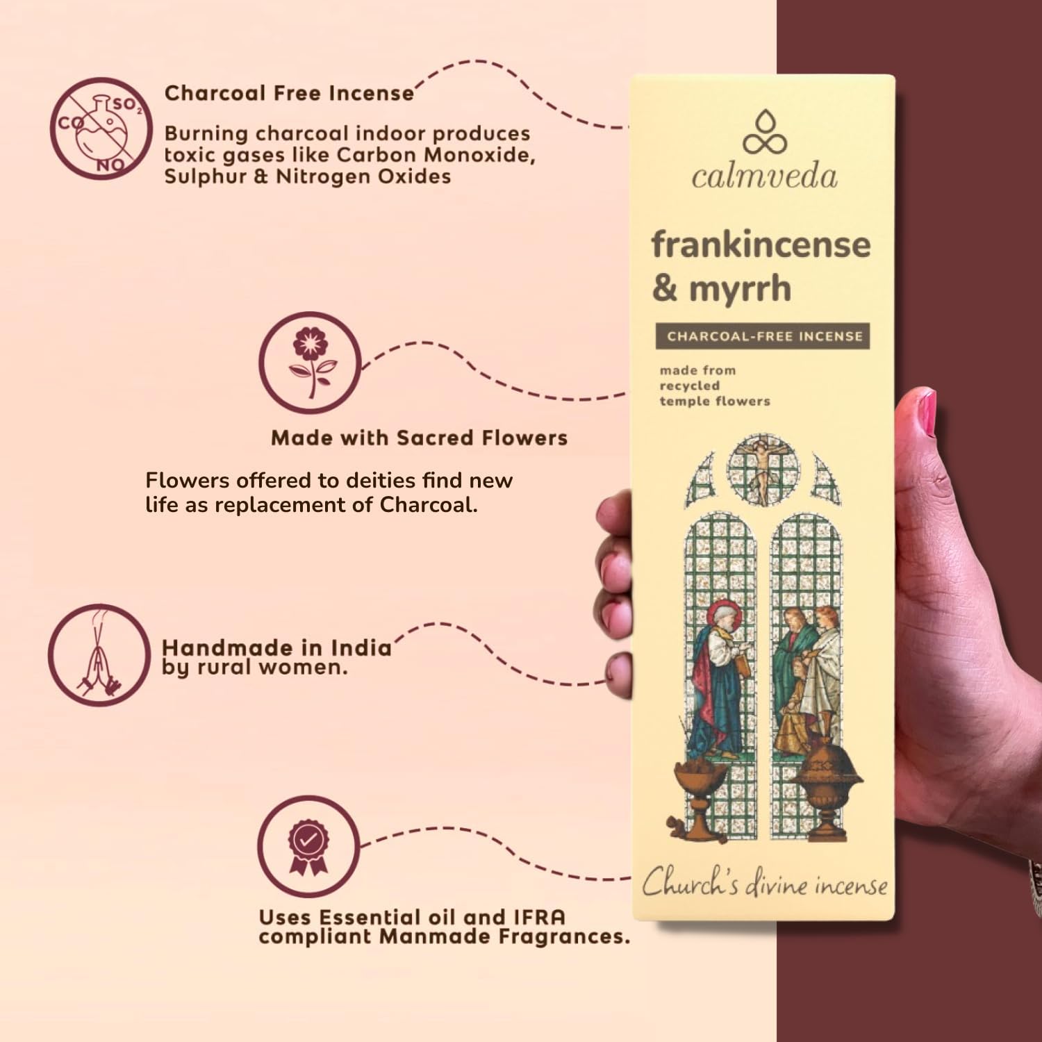 Church Frankincense and Myrrh Incense - (80 Sticks) Charcoal Free Incense, Made from upcycled Flowers | Used as Spiritual Healing Incense in Church (Handmade Olibanum Incense) - Glowelle