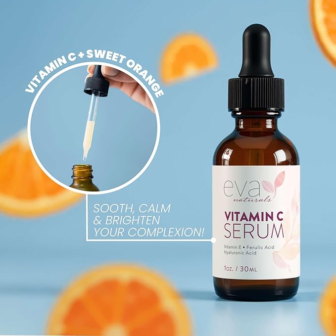 Eva Naturals Vitamin C Serum for Face - 20% Vit C with Hyaluronic Acid, Ferulic Acid & Vitamin E - Facial Serum for Dark Spots, Acne, Anti Aging, Glow & Even Skin Tone, 1 oz