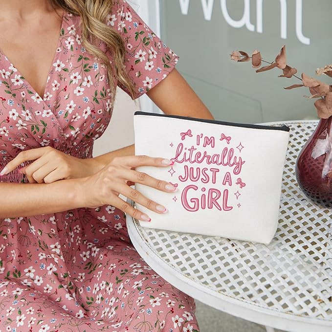 fkovcdy Pink Bow Makeup Bag for Girls, I'm Literally Just A Girl, Cute Bow Gift for Women, Small Bow Lover Travel Cosmetic Bag Zipper Pouch for Daughter granddaughter for Birthday Christmas 1