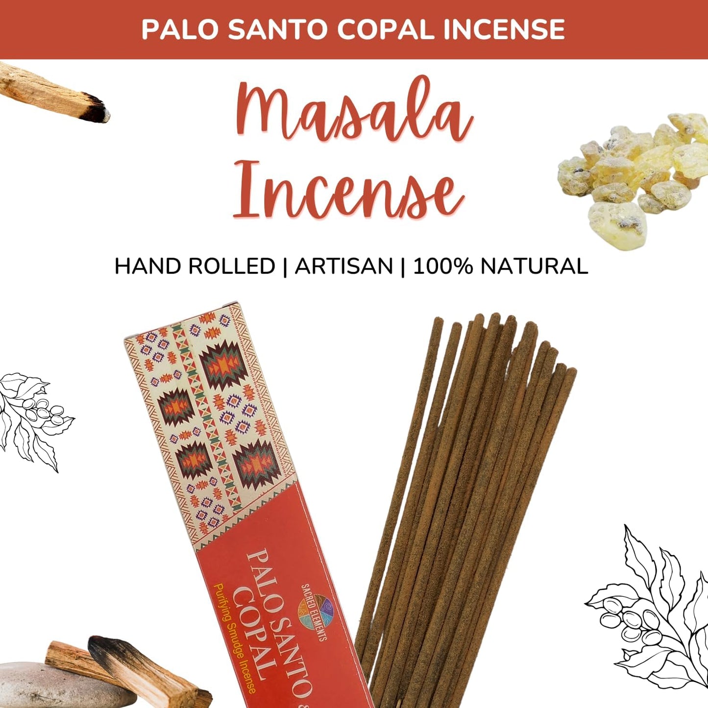 Sacred Elements Palo Santo & Copal Incense Sticks – 12 Pack | Natural Holy Palo Santo for Cleansing, Meditation, Smudging & Aromatherapy | Premium Copal Resin Blend | Long-Lasting Fragrance - Glowelle