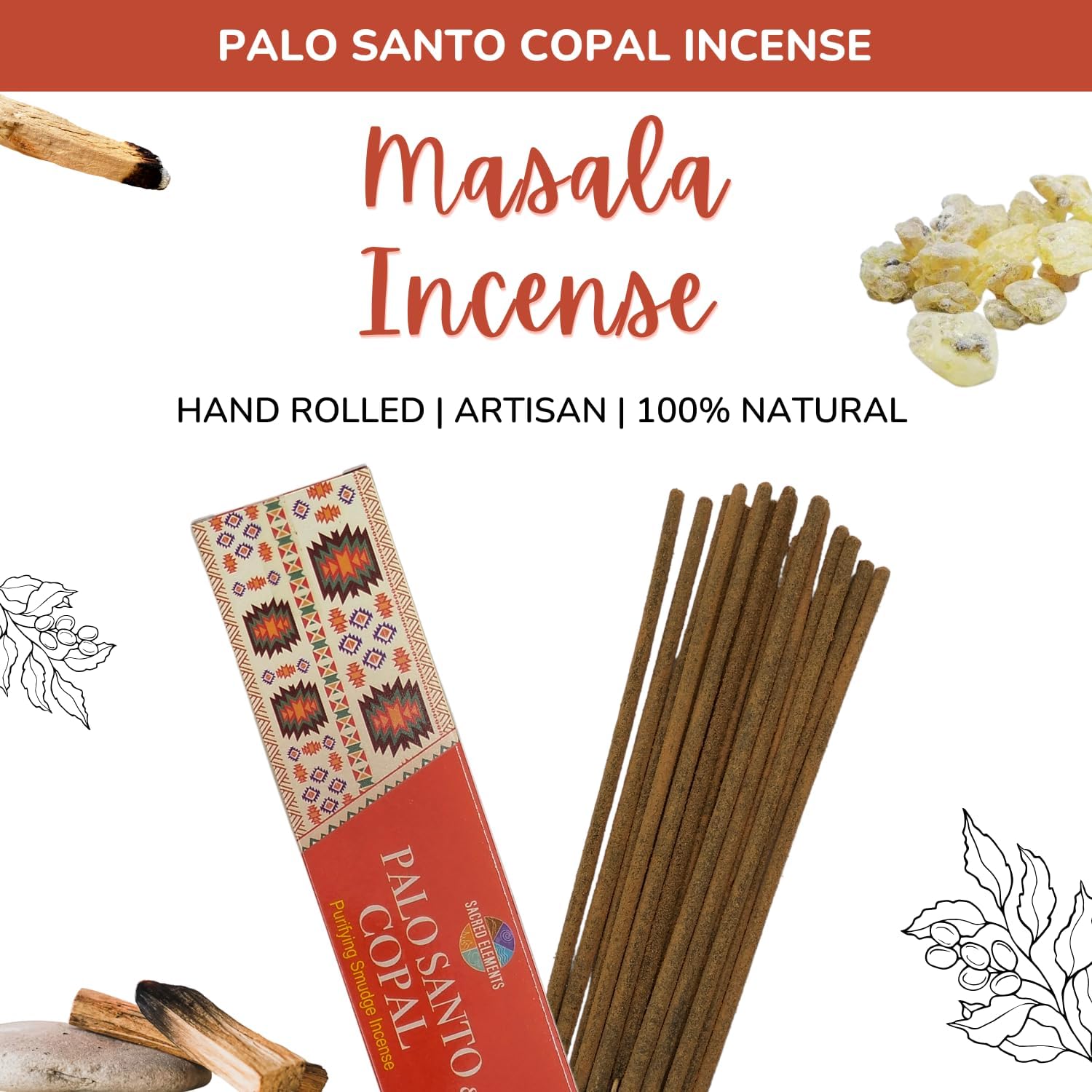 Sacred Elements Palo Santo & Copal Incense Sticks – 12 Pack | Natural Holy Palo Santo for Cleansing, Meditation, Smudging & Aromatherapy | Premium Copal Resin Blend | Long-Lasting Fragrance - Glowelle