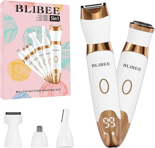 Bikini Trimmer for Women, LED Display Electric Razors for Women, 5-in-1 Electric Shaver, Rechargeable Painless Pubic Hair Trimmer for Legs, Underarms, Face & Sensitive Skin (Gold)