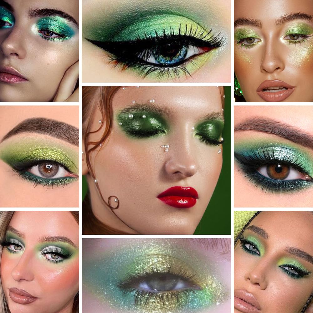 15 Colors Green Matte & Shimmer Eyeshadow Palette - Olive Teal GreenYellow DarkSeaGreen LimeGreen Pink White Eye Shadow Primers Powder for Smoky Looks, Makeup Artist Friendly, Vegan & Cruelty-Free