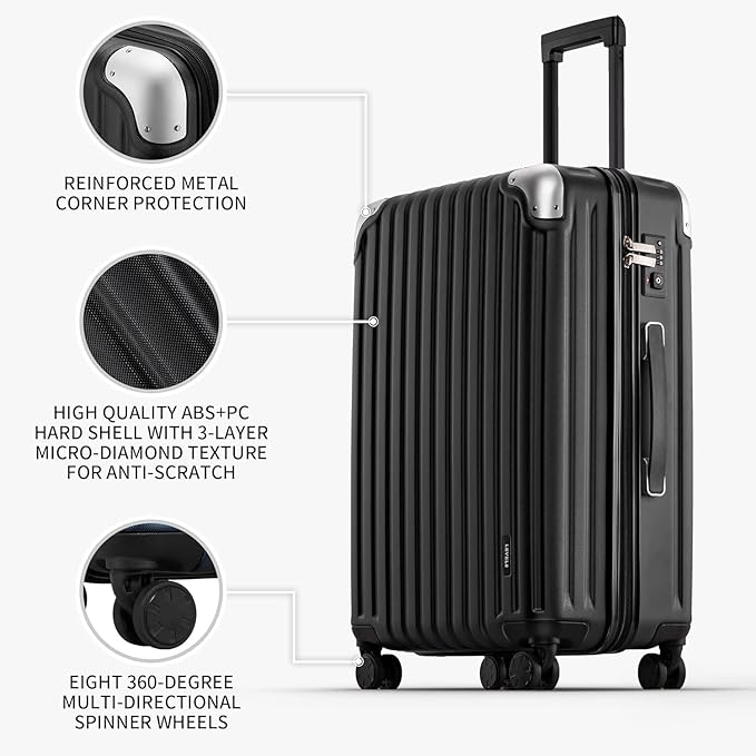 LEVEL8 Grace Luggage Sets Hardshell Suitcase with Wheels, Sturdy Large Suitcase Tsa Lock 20 Inch Expandable Carry on 24 Inch 28 Inch Checked Luggage, 3-Piece Set (20/24/28), Black