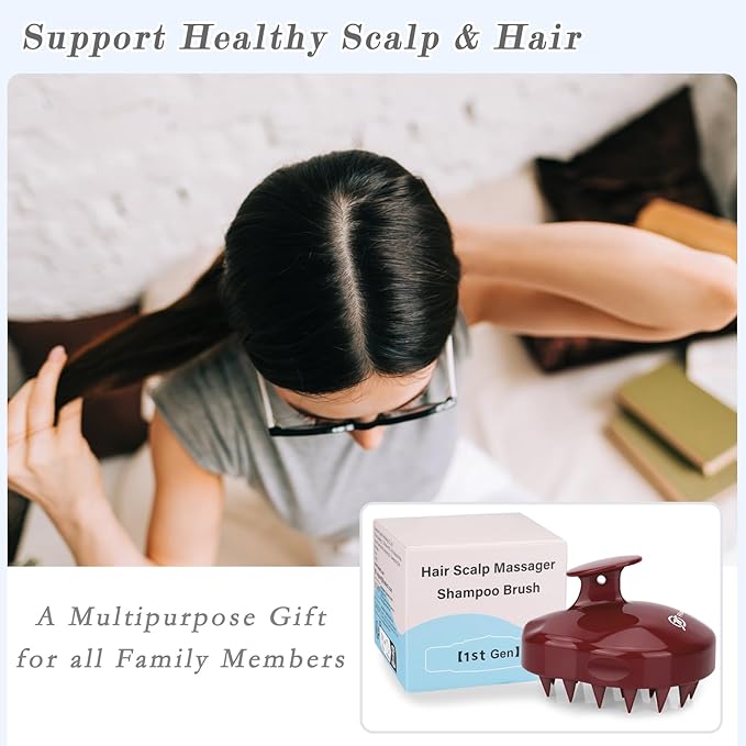 FREATECH Massager Shampoo Brush with Soft Silicone Bristles for Scalp Care, Shower Hair Scalp Scrubber Exfoliator for Dandruff Removal and Hair Growth, Wet & Dry for Men, Women and Kids, Red