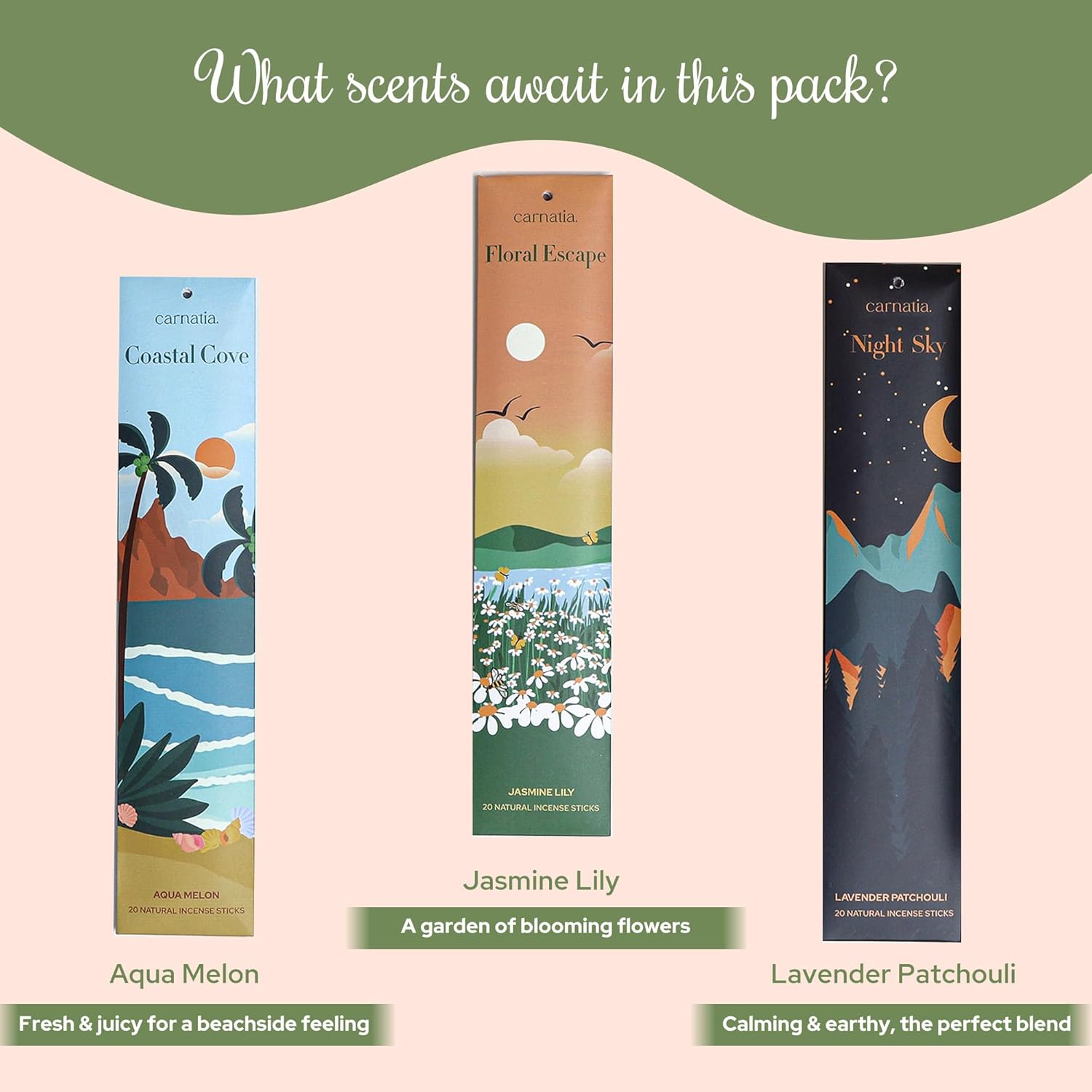Carnatia Into The Nature Incense Sticks – Set of 6 Fresh, Earthy Scents for Stress Relief, Inner Peace & Clarity | Natural, Long-Lasting Aromas to Reconnect with The Earth Like Never Before! - Glowelle