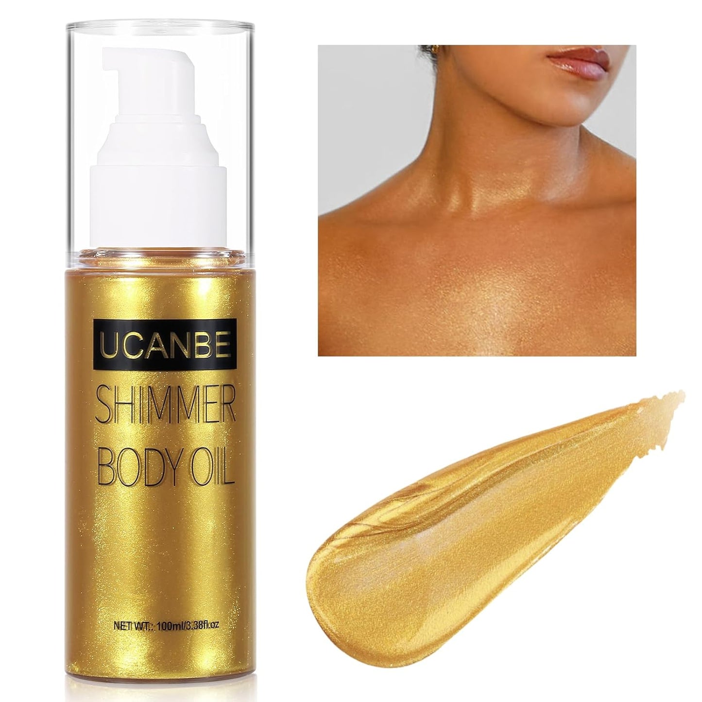UCANBE Body Shimmer Oil - 100ml Moisturizing Face & Body Glow Glitter Luminizer Liquid Illuminator Highlighter, Waterproof, Tinted Glowing Bronzer (Gold)