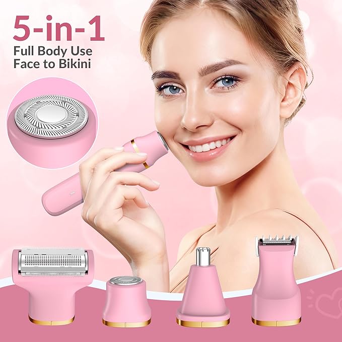 KINGTEE 5-in-1 Electric Bikini Trimmer for Women – IPX7 Waterproof Shaver, Cordless Body & Facial Razors for Women, Ceramic Blades, USB-C Rechargeable, Painless Hair Removal Kit (Pink)