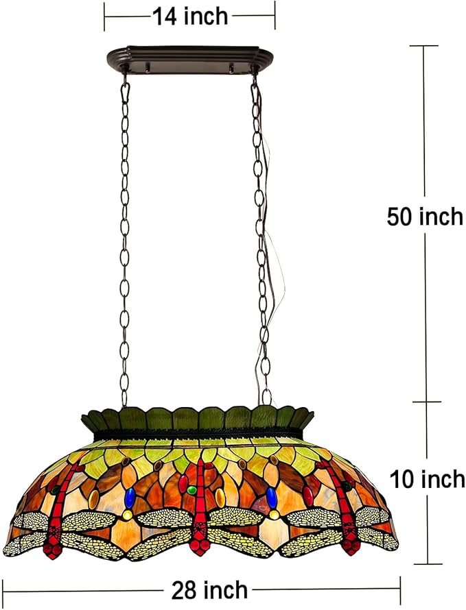 Capulina Tiffany Lamp Stained Glass Pool Table Light Chandelier 3-Light 28 Inches Wide Vintage Red Dragonfly Tiffany Style Pendant Light Decor for Billiards Room Dining Room Kitchen Island Bar
