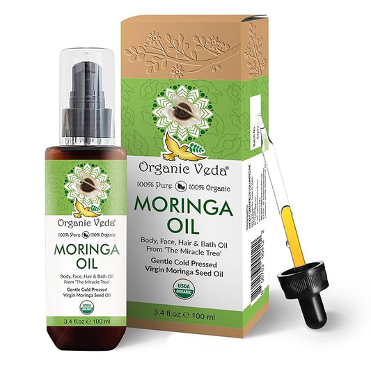 Organic Veda Moringa Oil Virgin 100% Pure & USDA Organic - Multi Purpose, Face, Hair & Skin, Nails, Fast Absorbing, Moisturizing & Beautifying - The Miracle Tree Moringa Oleifera Seed Oil, 3.4 fl.oz