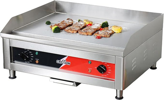 CROSSON 24"*16" Commercial Electric Countertop Griddle,Flat Top Heavy Duty Griddles with Non-Stick 2/5" Thick Iron Cooking Plate for Restaurant use-120V/3500W,Spatula Bonuses