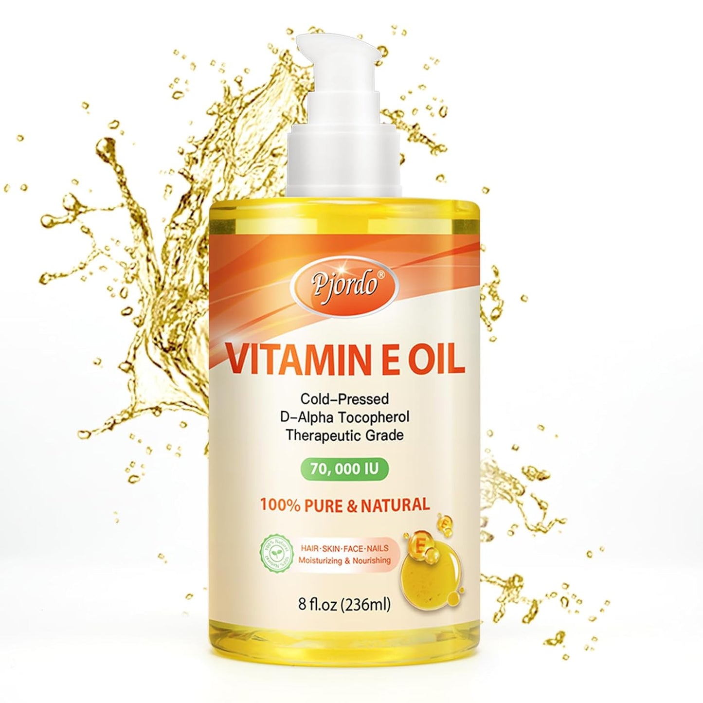 100% Pure Vitamin E Oil, 70,000 IU Organic Vitamin E for Scars, Skin, Face, Nails & Hair, Cold-Pressed Body Oil Nourishes & Moisturizes All Skin Types for Improving Skin Texture