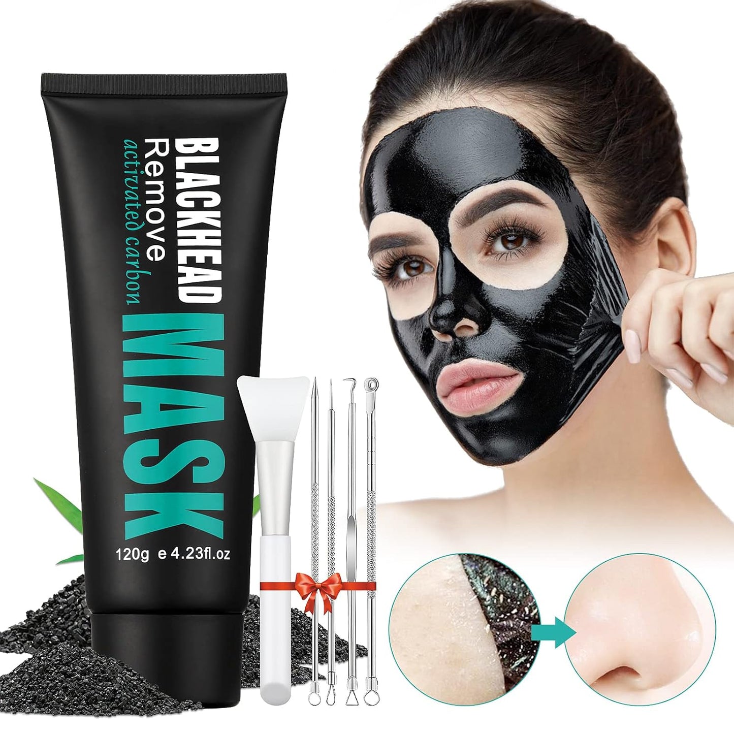 Peel Off Face Mask Blackhead Whiteheads Remover Masks Activated Charcoal Black Mask Purifying Peeling Facial Mask for Nose Pores Removal Reducing Cleansing Acne with Brush and Pimple Extractor Tools