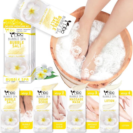Pedicure Kit Foot Soak Set: Bubble Salt, Sugar Scrub, Massage Mask, Massage Lotion in a Box, 4 Step Foot Spa Kit for Dry Feet, Calluses and Tired Feet(1 Set Milky Flower)