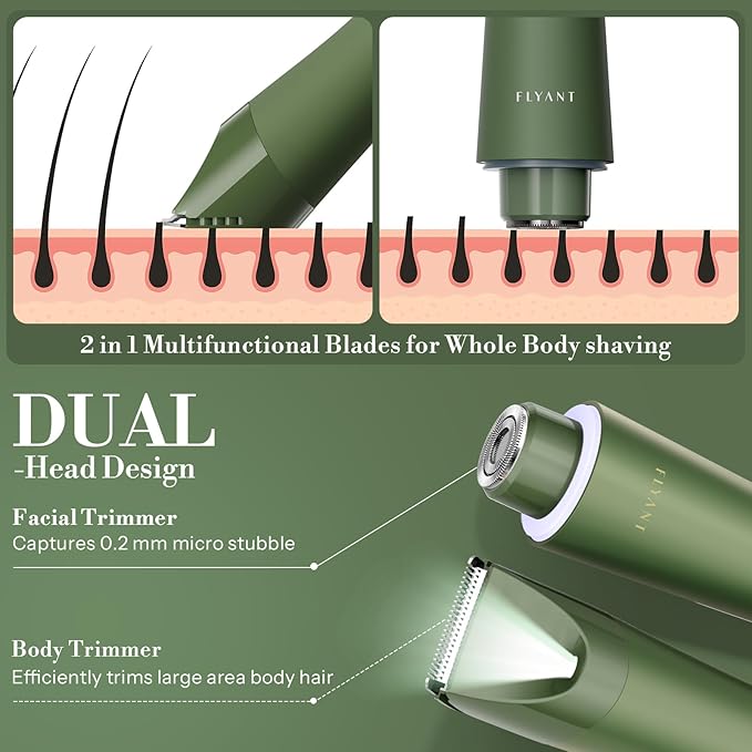 Flyant Bikini Trimmer for Women, 2 in 1 Electric Shaver for Women, Pubic Hair Trimmer Waterproof IPX7 with Led Display for Leg Arm Underarm Bikini Area, Pull Bows Gift Box for Friends (Dark Green)