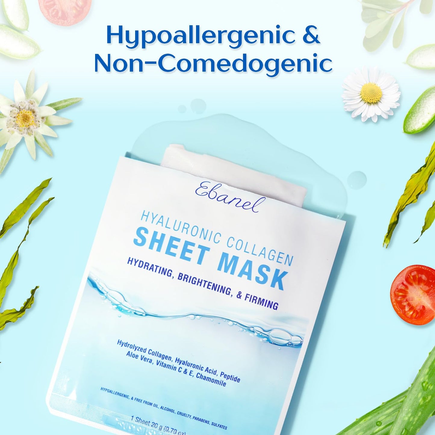 Ebanel 20 Pack Collagen Face Mask with Hyaluronic Acid, Vitamin C, Peptide, Aloe, Instant Brightening Hydrating Face Masks Skincare Korean Sheet Mask, Skin Firming, Lifting Anti Aging Facial Masks - Glowelle