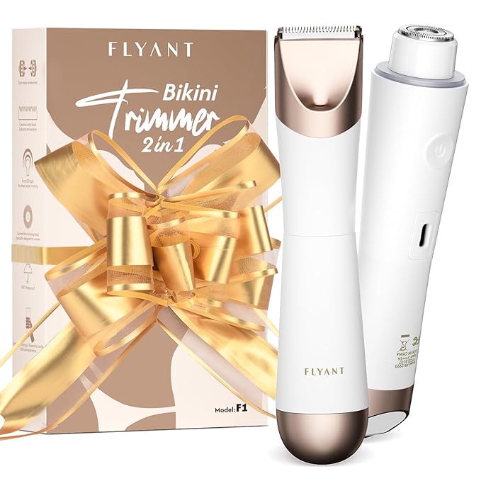 Bikini Trimmer for Women, 2 in 1 Electric Shaver for Women, Pubic Hair Trimmer Waterproof IPX7 with LED, Bikini Razor for Leg Arm Underarm Bikini Area, Pull Bows Gift Box for Friends (Shell White)