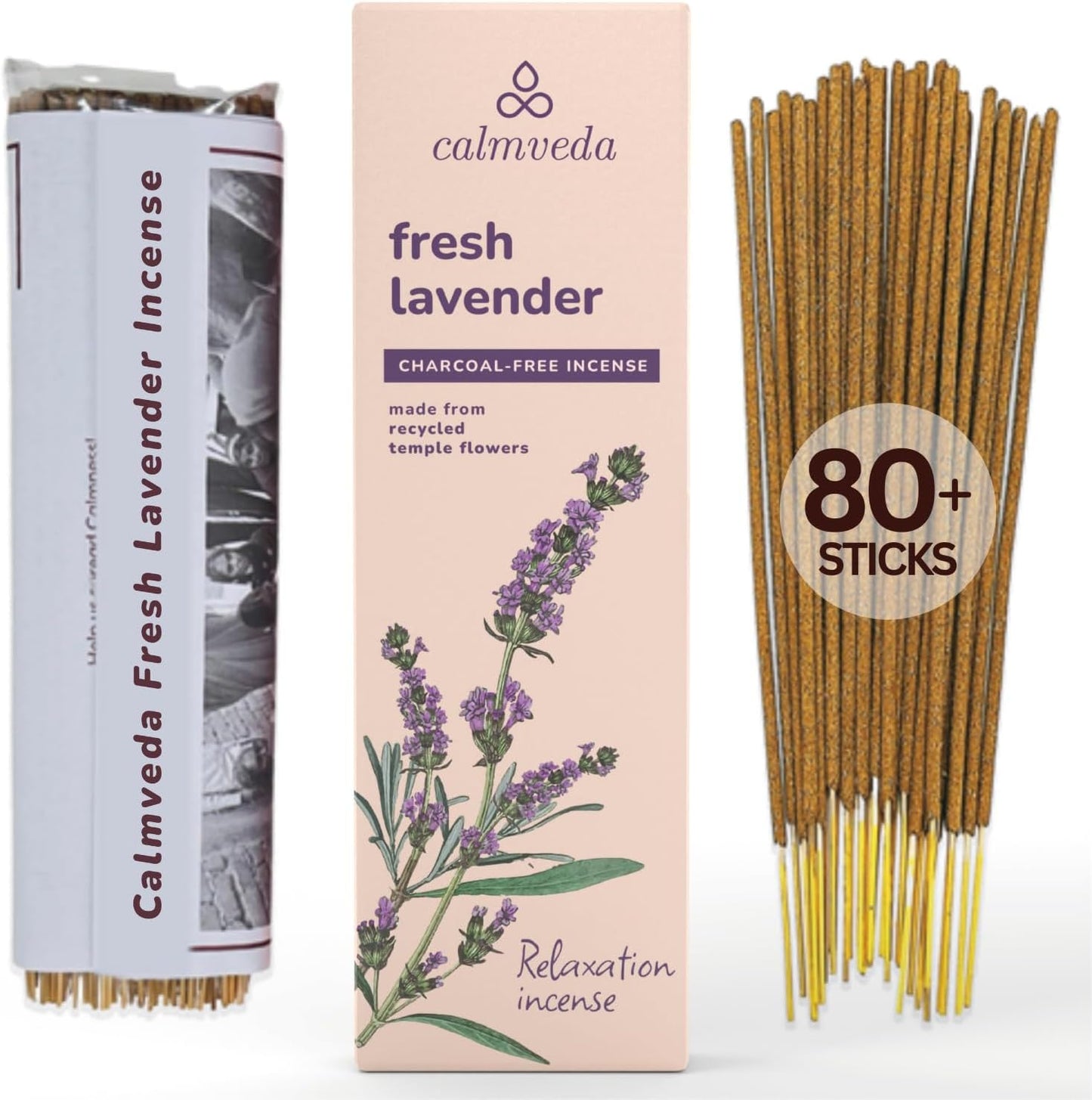 Fresh Lavender Incense for Calming - 80 Charcoal Free Incense Sticks, Made from Upcycled Flowers | Organic Incense Sticks Non Toxic | Use for Relaxation & Improves Sleep - Glowelle