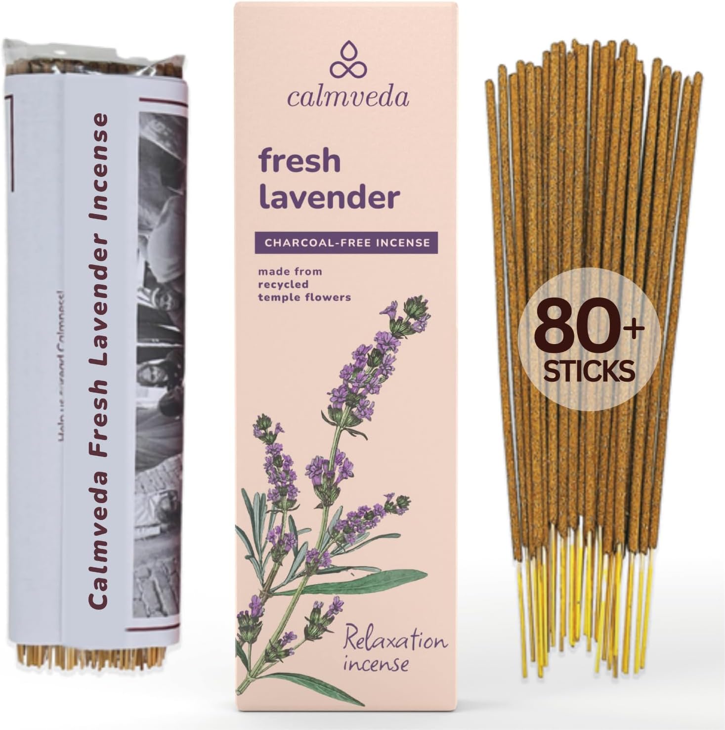 Fresh Lavender Incense for Calming - 80 Charcoal Free Incense Sticks, Made from Upcycled Flowers | Organic Incense Sticks Non Toxic | Use for Relaxation & Improves Sleep - Glowelle