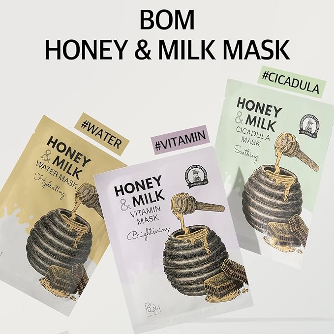 BOM COSMETICS Honey & Milk Vitamin Mask 10ea 0.84 oz Deep Hydration, Sensitive Skin Friendly Hypoallergenic Sheet Mask With Honey & Milk Extract & 13 Vitamins, Korean Skincare Face Mask