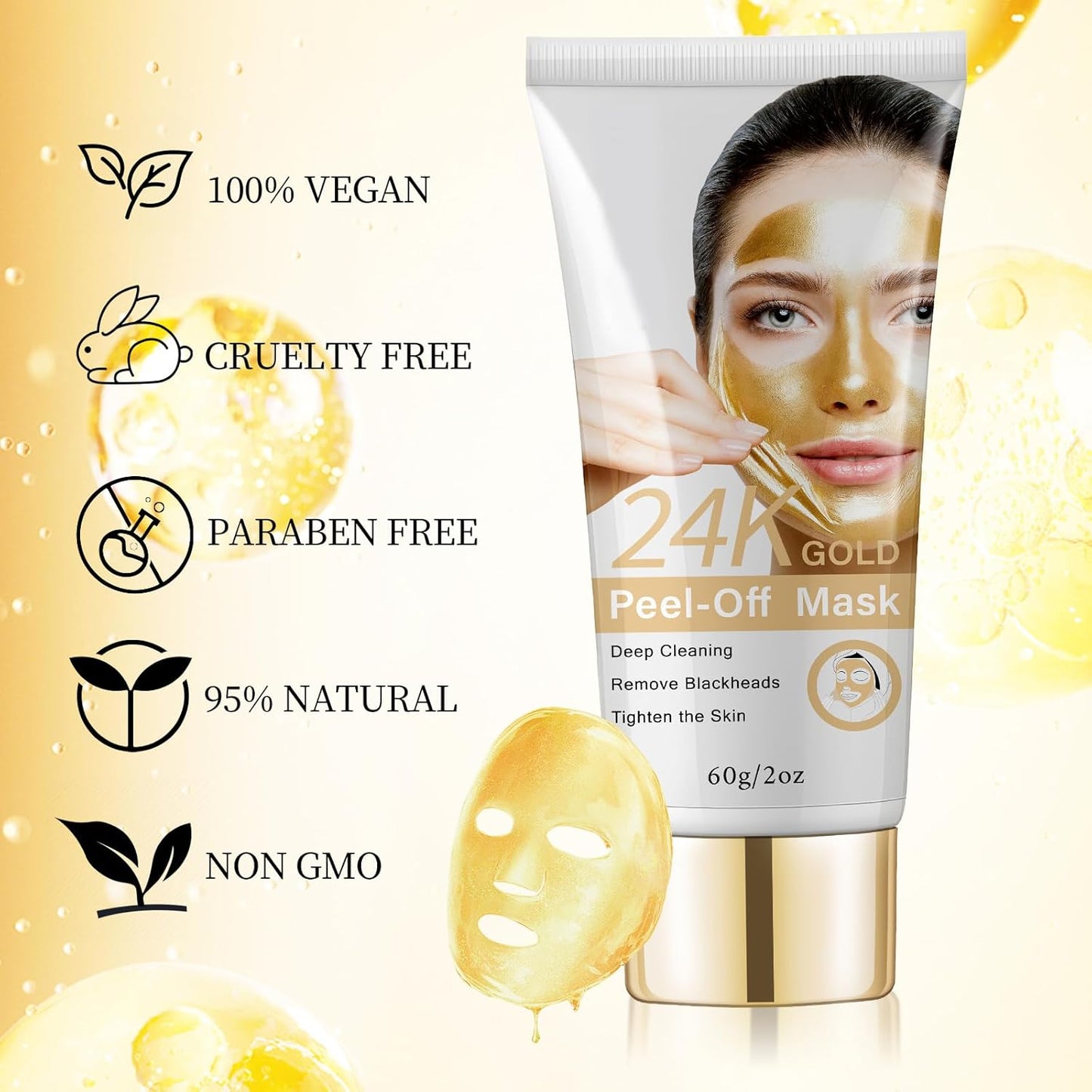 Blackhead Peel Off Mask, 24K Gold Peel Off Face Mask Blackhead Remover, Firming Peel Off Facial Mask for Face, Deep Cleaning Pore Peel Off Face Mask, Anti-Aging, Fine Lines＆ Wrinkles for All Skin