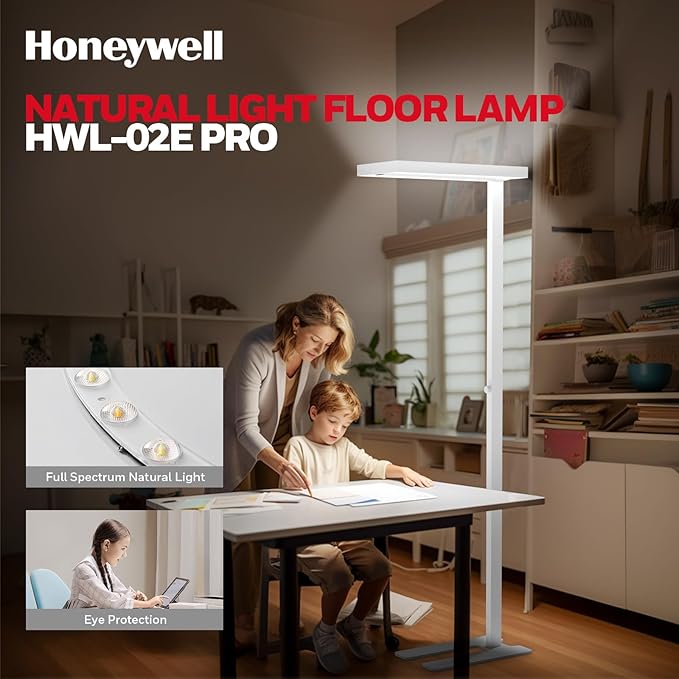 Honeywell LED Floor Lamp Modern - 02E Pro Sunturalux™ Eye Caring Standing Light, 10400LM Dimmable Reading Tall Lampara for Home Office Living Room Bedroom,100W,4000K Natural Daylight
