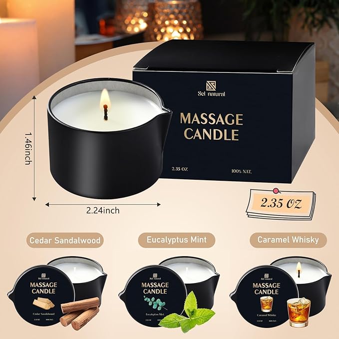 3 Pack Massage Oil Candles 2.35oz Low Temp Massage Candle Wax Spa Therapy Body Oil Valentines Gifts for Relaxation, Couples, or Self-Care (2.35 oz, Eucalyptus Mint, Cedar Sandalwood, Caramel Whisky)