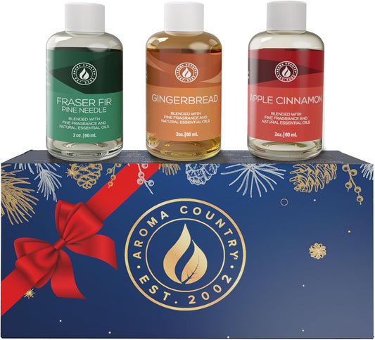 Aroma Country Winter Scent Gift Set – Essential Oils for Diffusers, Reed Diffusers & Oil Warmers | Apple Cinnamon, Fraser Fir, & Gingerbread Scents | Perfect for Home Fragrance