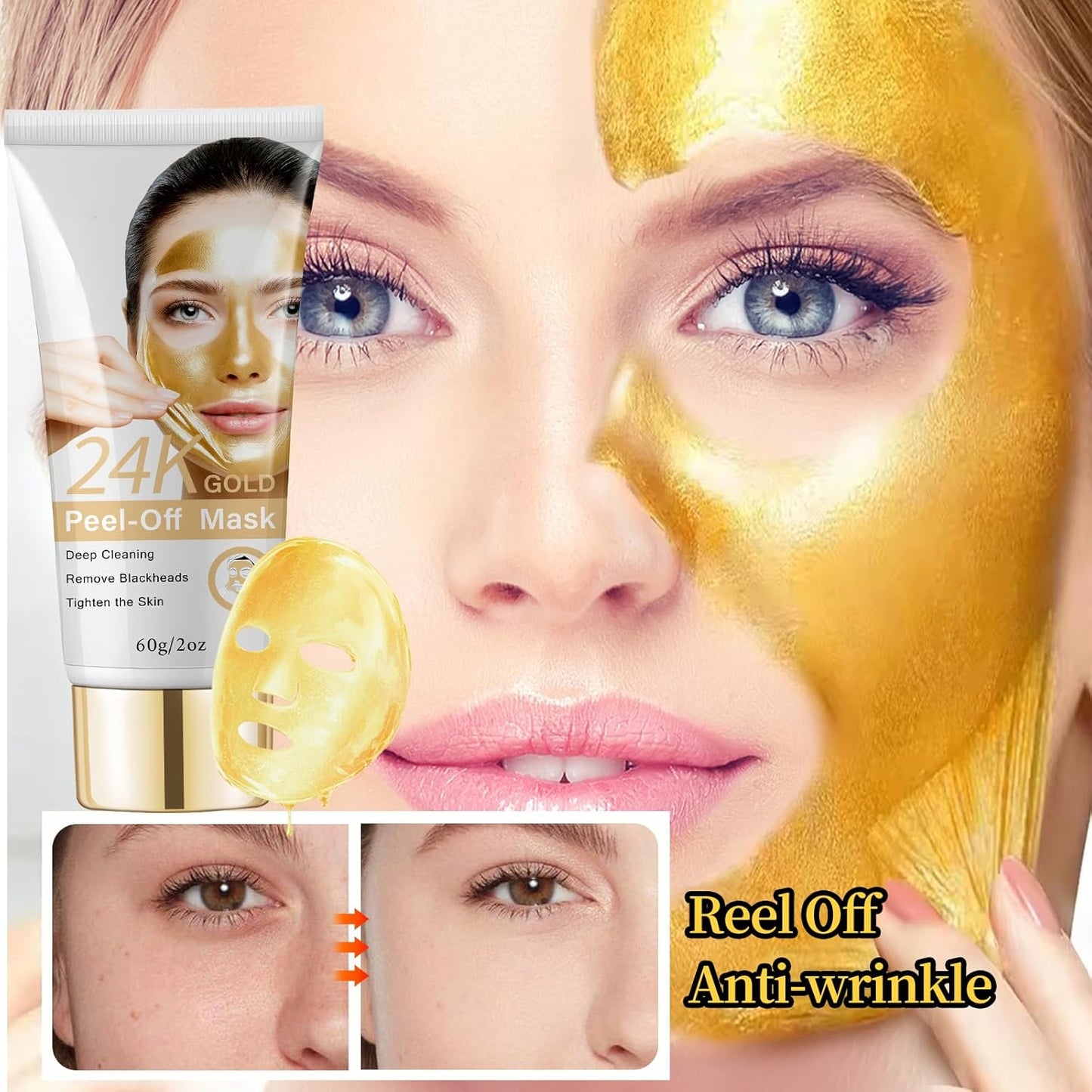 Blackhead Peel Off Mask, 24K Gold Peel Off Face Mask Blackhead Remover, Firming Peel Off Facial Mask for Face, Deep Cleaning Pore Peel Off Face Mask, Anti-Aging, Fine Lines＆ Wrinkles for All Skin