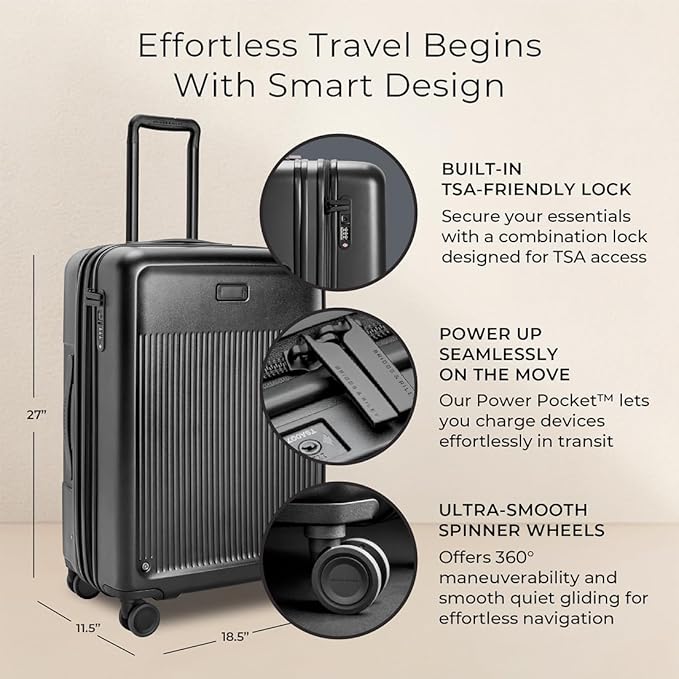 Briggs & Riley 27" Medium Expandable Spinner - Checked Luggage for Travel, Suitcases with Wheels, Hardside Rolling Bag for Men & Women, Self-Repairing Zipper - Sympatico Collection, Black