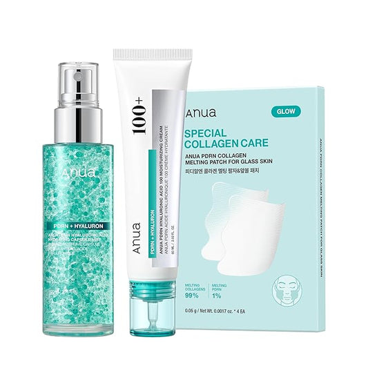 Anua PDRN Collagen Glass Skin Trio, PDRN Salmon DNA Serum Spray, Collagen Patch Facial Fine Line & Cream, Complete Glow Routine, Face Mist with Special Patch Duo, Korean Skincare Set