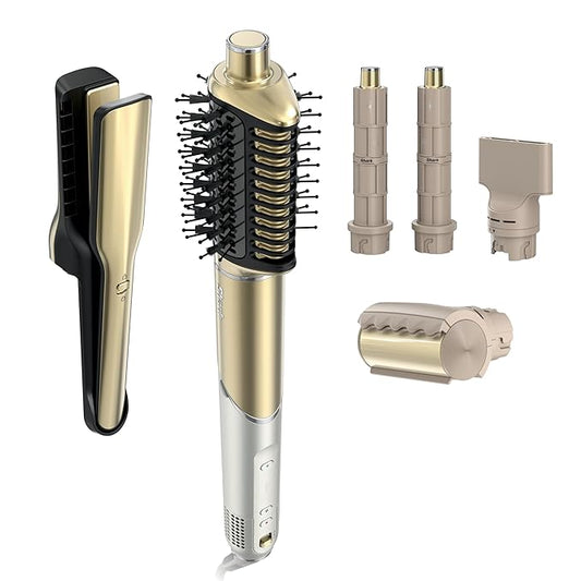 Shark Glam Ceramic & Powerful Air Styling & Drying System, with Silki Straightener & Shark Glossi Air Glosser, for Drying, Curling, Straightening & Glossing, Gold, HD6051S (Straight & Wavy Hair)