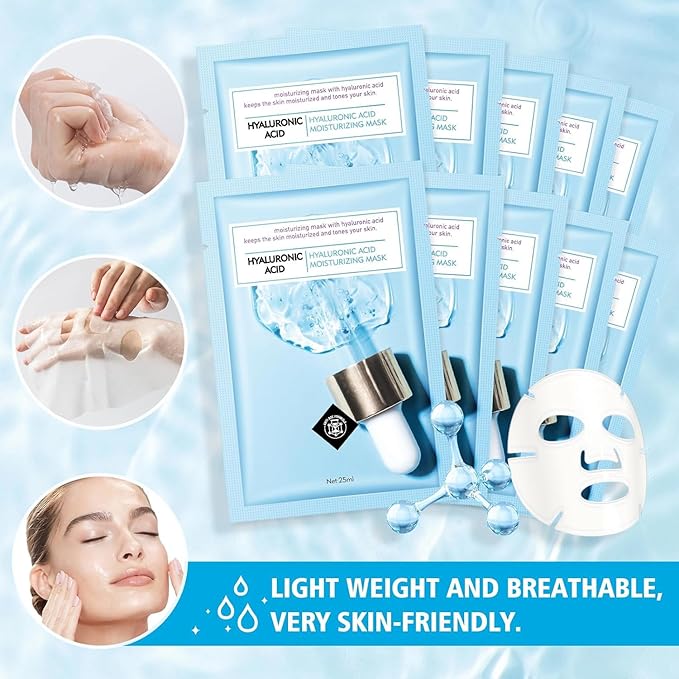 Facial Masks Skincare for Women,Hyaluronic Acid Hydrating Face Sheet Masks,Moisturizing Face Mask Suitable for All the Skin,Dry Skin,Face Spa Mask 10 Sheets