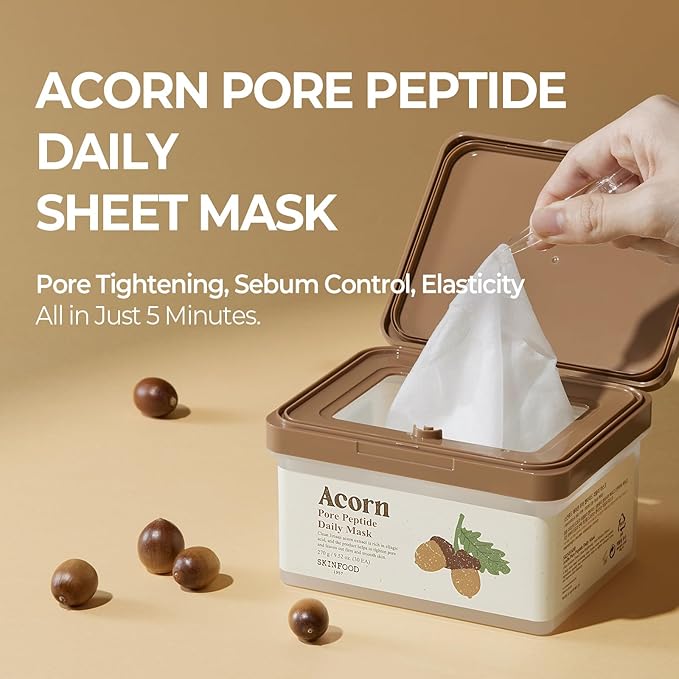 SKINFOOD Acorn Pore Peptide Daily Sheet Mask, Korean 5-Minute Quick Skincare Hack, Pore Tightening & Elasticity, Skin Texture Improvement Face Mask for Sagging Skin Bulk Pack (30EA)