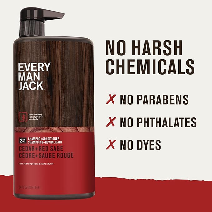 Every Man Jack 2-in-1 Daily Shampoo + Conditioner - Cedar and Red Sage | Nourishing For All Hair Types, Naturally Derived, Cruelty-Free Shampoo and Conditioner Set for Men | 24oz -1 Bottle