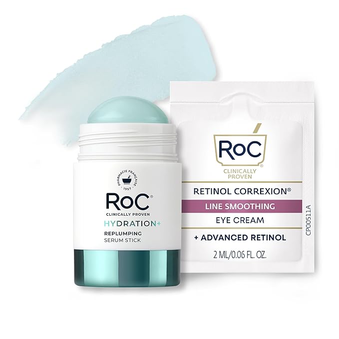 RoC Hydration+ Replumping Serum Stick, Fragrance-Free, Hydrating And Cooling Hyaluronic & Peptide Formula To Boost Elasticity And Visibly Smooth Aging Skin, With Line Smooth Eye Cream Packette, 0.7oz