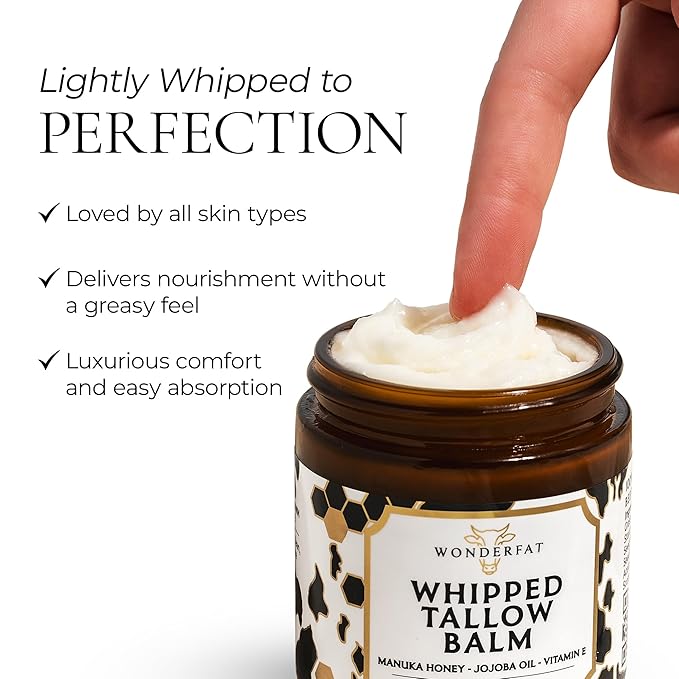 Grass-Fed Whipped Tallow Balm, Face and Body Moisturizer with Manuka Honey, Fragrance Free Tallow Moisturizer for Sensitive Skin, Lightweight Tallow Cream, 3 oz