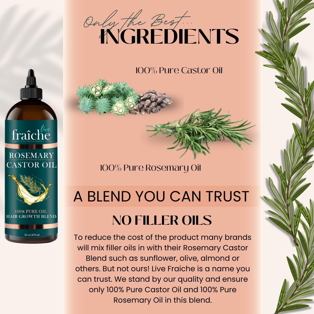 Live Fraiche Rosemary Castor Oil for Hair Growth 16oz - Rosemary Oil for Hair Growth and Thickening Pure Blend to Reduce Loss and Promote a Healthy Scalp - Glowelle