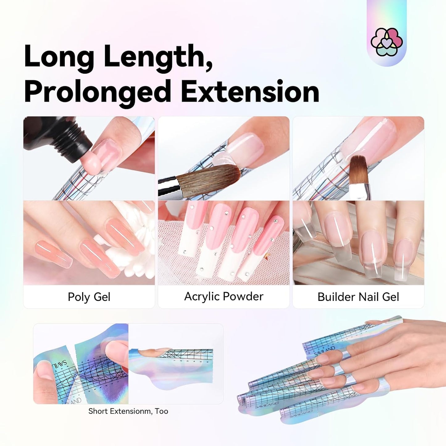 Saviland Long Length Reusable Nail Forms: Super Sticky Duable Poly Gel Nail Forms Sturdy Nail Extension Forms Paper Nail Forms Self-adhesive Nail Model Stencils for Acrylic Nails Builder Nail Gel