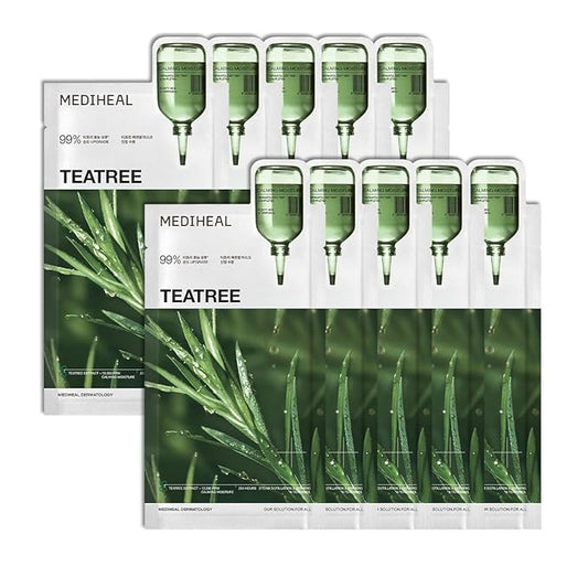 Mediheal Teatree Essential Sheet Mask Calming Moisture 10 pcs. 99% Pure Teatree & Teatree 7X for intensive soothing and hydration. Suitable for acne-prone skin. Vegan formula