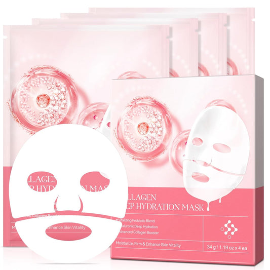 Collagen Face Mask, Hydrating Overnight Hydrogel Mask, Face Masks Skincare Anti Wrinkle Moisturizing, Facial Masks for Women Skin Care Sheet Masks for Face (4ea-Pink) - Glowelle