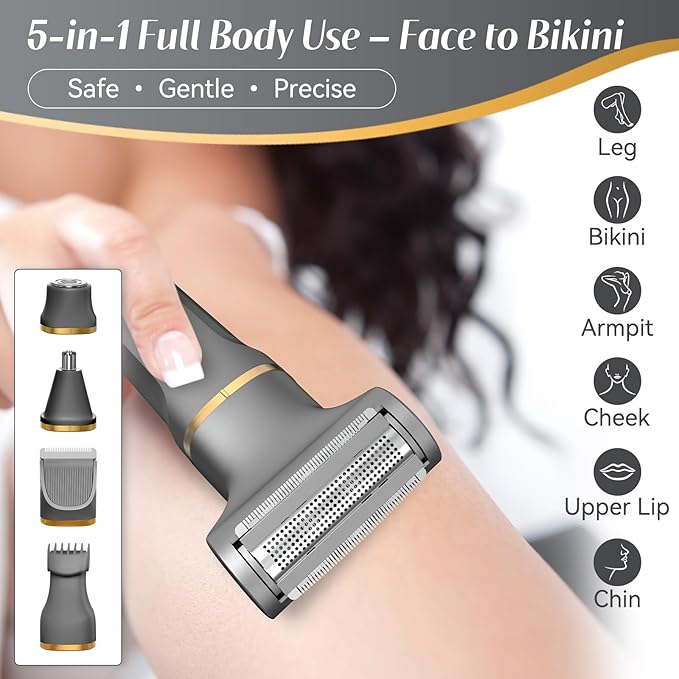 KINGTEE 5-in-1 Electric Bikini Trimmer for Women – IPX7 Waterproof Shaver, Cordless Body & Facial Razors for Women, Ceramic Blades, USB-C Rechargeable, Painless Hair Removal Kit (Light Black)