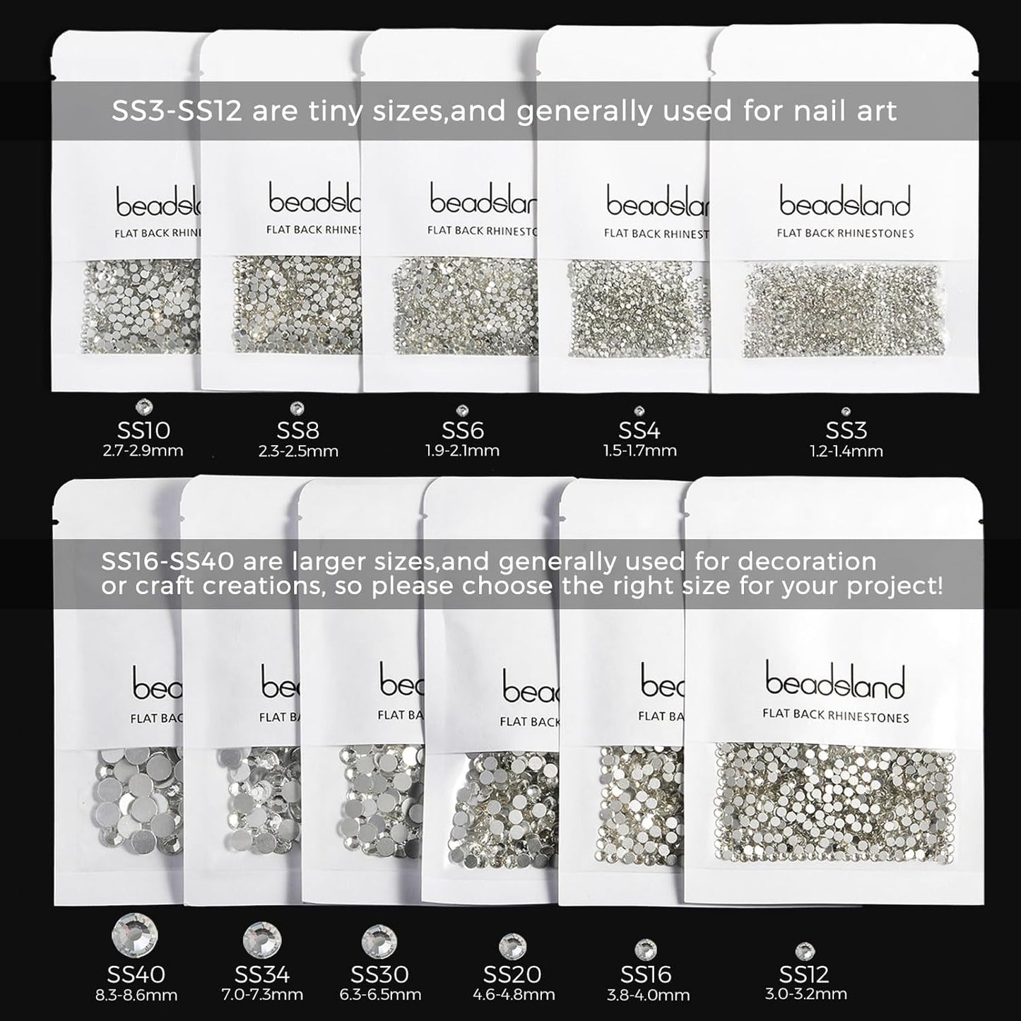 Beadsland 288pcs Flat Back Crystal Rhinestones Round Gems for Nail Art and Craft Glue Fix, Silver Hematite, SS34,7.1-7.3mm