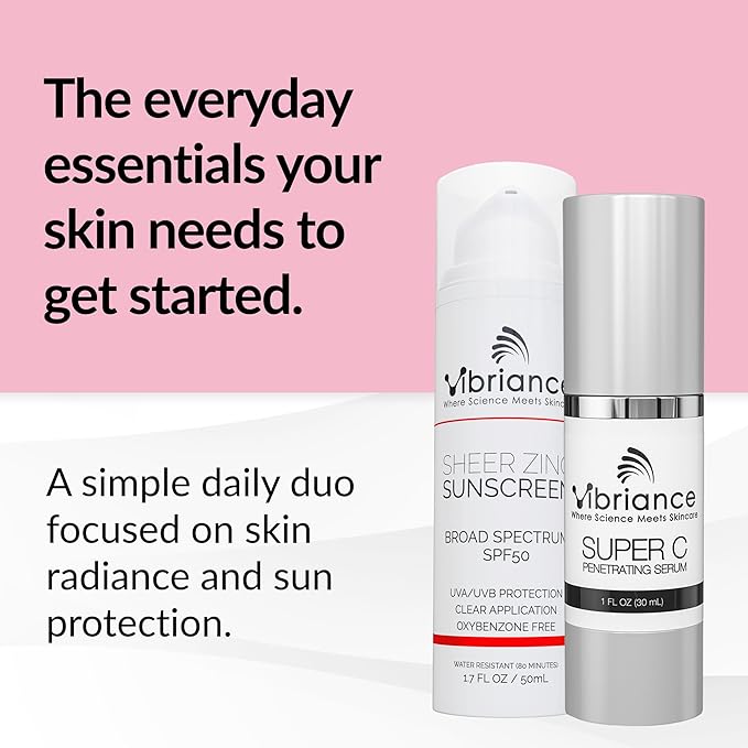 Vibriance Simple Skincare Essentials Bundle | Super C Vitamin Serum, Sheer Zinc Sunscreen SPF 50 Skin Care Set - Nourish, Protect, Illuminate