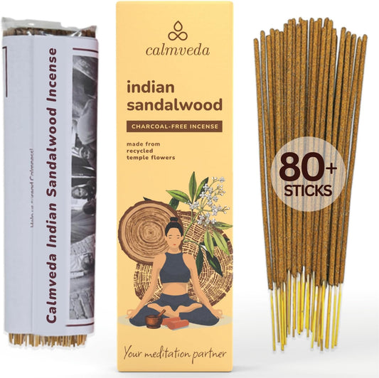 Indian Sandalwood Incense Sticks - 80 Sticks, Charcoal Free, Upcycled Flowers, All Natural, Non Toxic, Meditation & Stress Relief - Glowelle