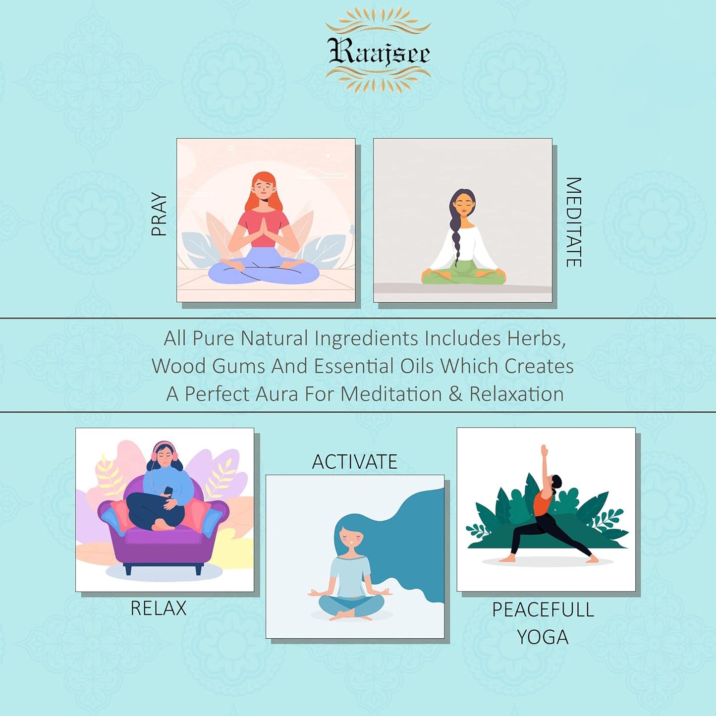 raajsee Incense Sticks 6 Pack Variety Set 15gm Each, Nag Champa- Jasmine - vanila-Japanese Rose-White Sage,100% Organic Hand Rolled- Perfect for Yoga, Meditation,Aromatherapy - Glowelle