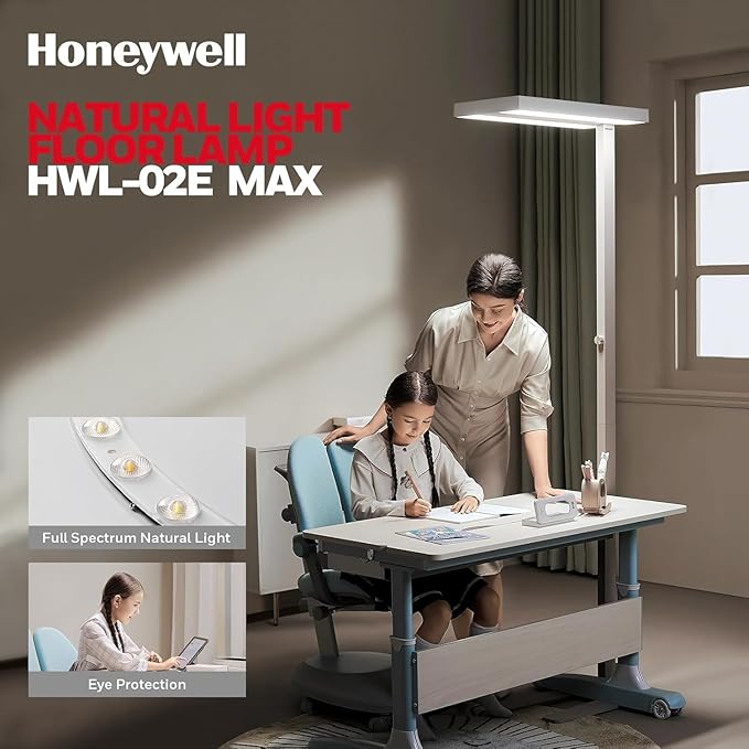 Honeywell 155W LED Floor Lamp - 02E MAX Sunturalux Eye-Care Tall Standing Light, 16000LM 4000K Natural Daylight Reading Lamp for Home Office Bedroom
