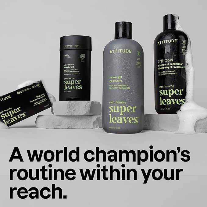 ATTITUDE Men's Shampoo and Conditioner 2-in-1, Fortifying For Fragile Hair, With Caffeine and Green Tea, 97% Natural Origin Ingredients, EWG Verified, Matcha & Bergamot, 14 Fl Oz